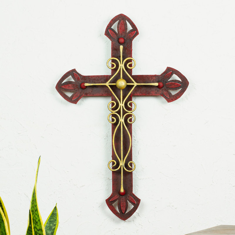 Handcrafted Red and Gold Iron Cross Wall Sculpture