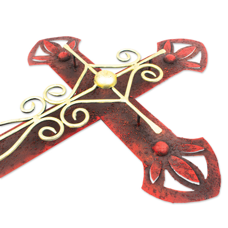 Handcrafted Red and Gold Iron Cross Wall Sculpture