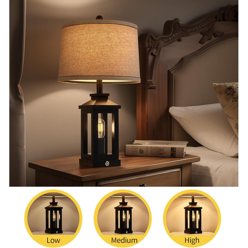 23.75" Black Metal Table Lamp Set with Beige Shade and USB Ports