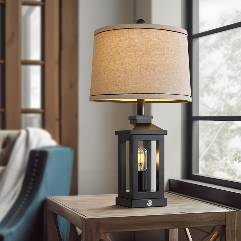 23.75" Black Metal Table Lamp Set with Beige Shade and USB Ports