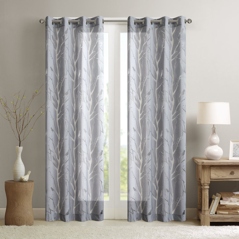 Silver Sheer Bird Design Grommet Window Curtain Panel