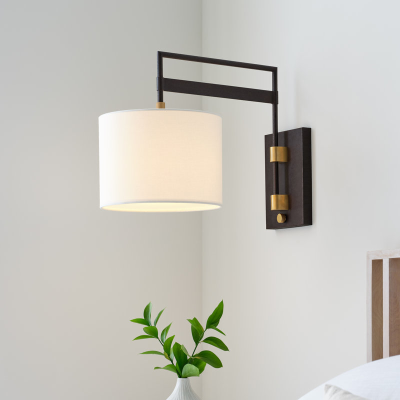 15" Black and Brass Dimmable Wall Sconce with Linen Shade