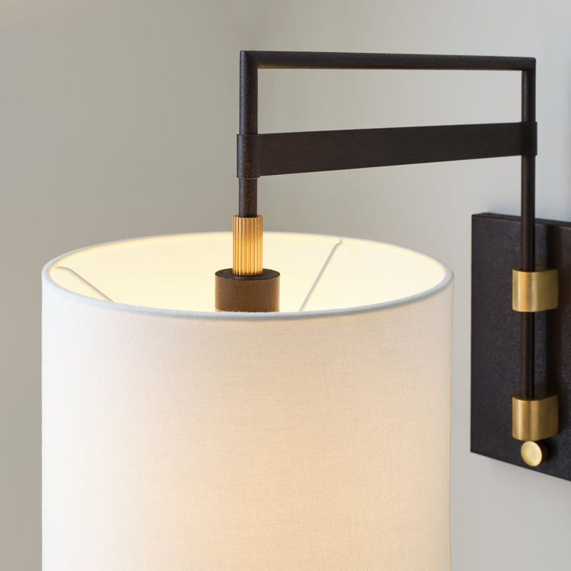15" Black and Brass Dimmable Wall Sconce with Linen Shade