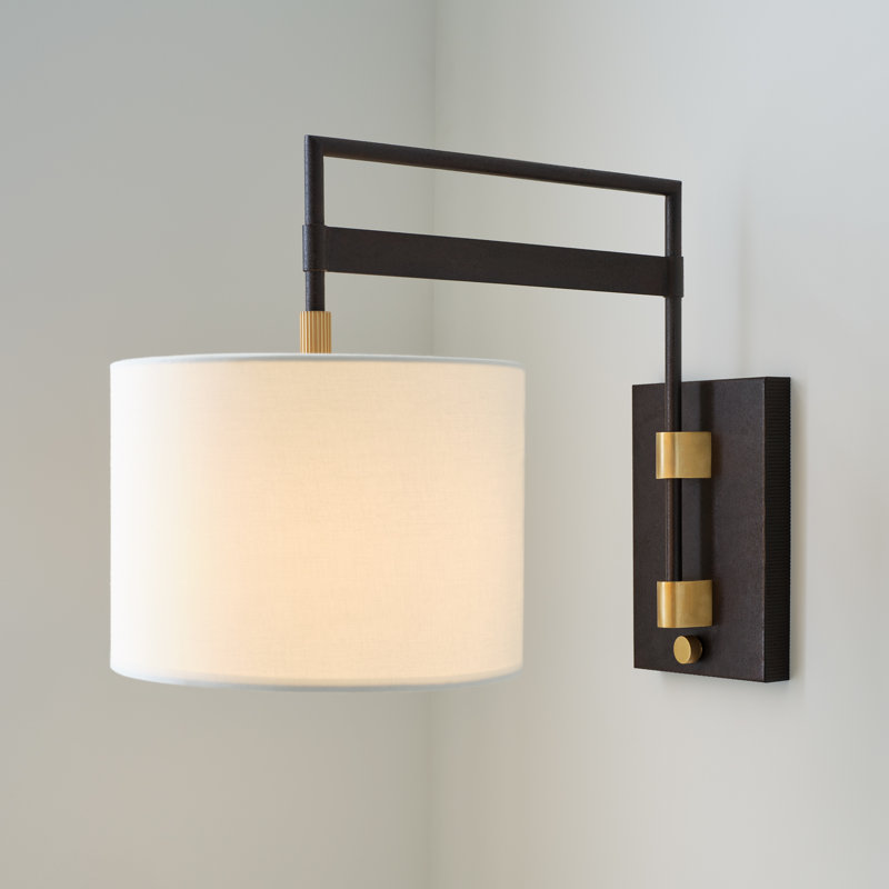 15" Black and Brass Dimmable Wall Sconce with Linen Shade