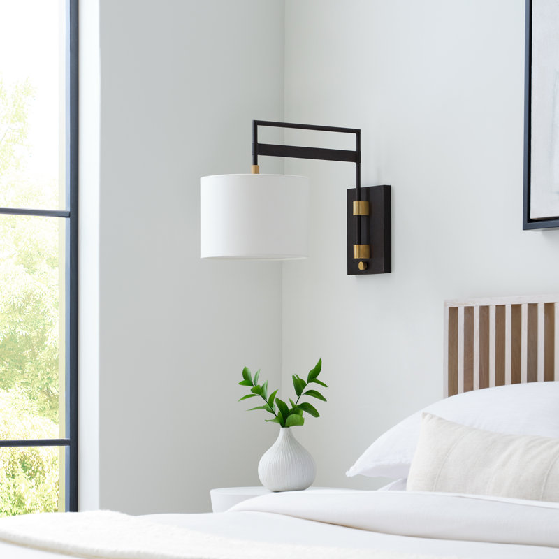 15" Black and Brass Dimmable Wall Sconce with Linen Shade