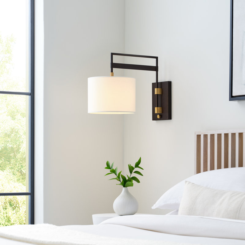 15" Black and Brass Dimmable Wall Sconce with Linen Shade