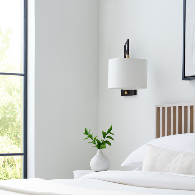 15" Black and Brass Dimmable Wall Sconce with Linen Shade