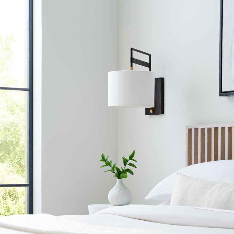 15" Black and Brass Dimmable Wall Sconce with Linen Shade