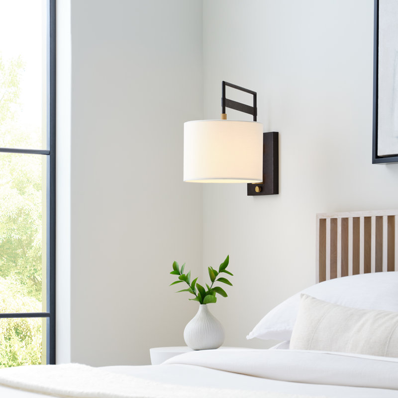 15" Black and Brass Dimmable Wall Sconce with Linen Shade