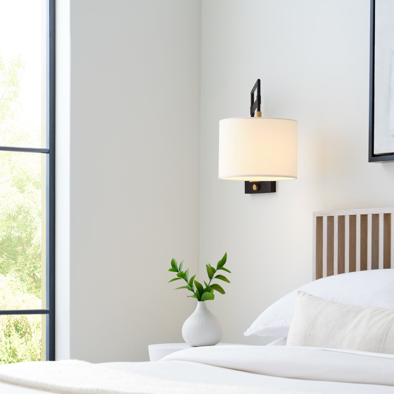 15" Black and Brass Dimmable Wall Sconce with Linen Shade