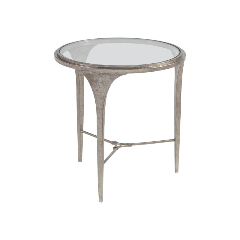 Porto Silver Leaf Round Metal and Glass End Table