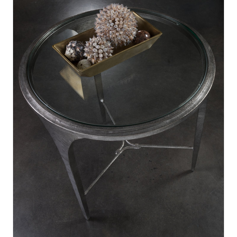 Porto Silver Leaf Round Metal and Glass End Table
