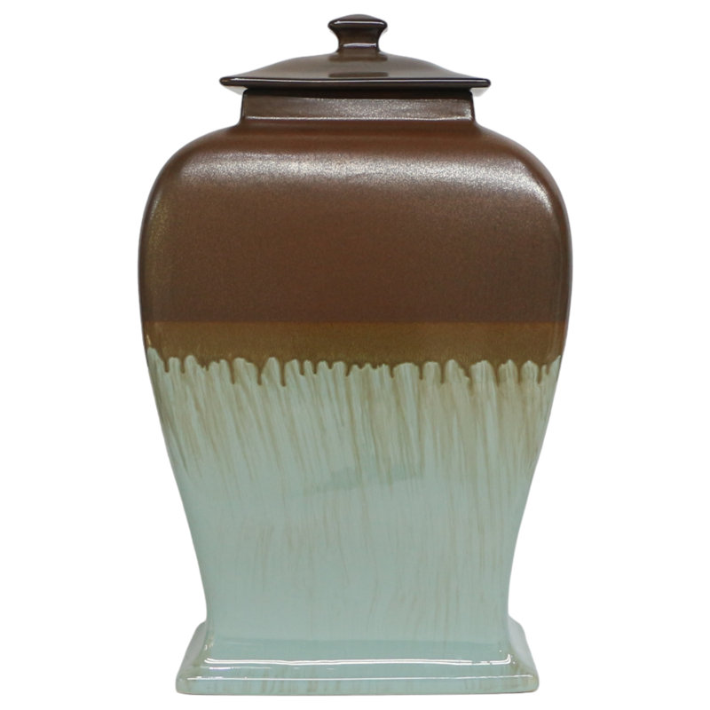 Handmade Brown and Green Stoneware Decorative Jar