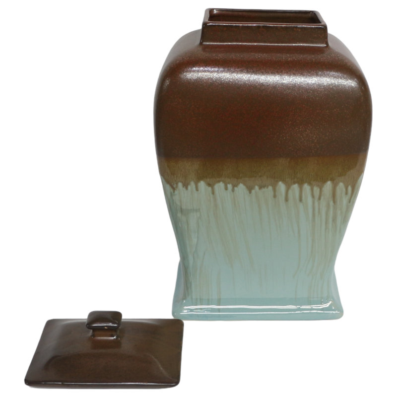 Handmade Brown and Green Stoneware Decorative Jar