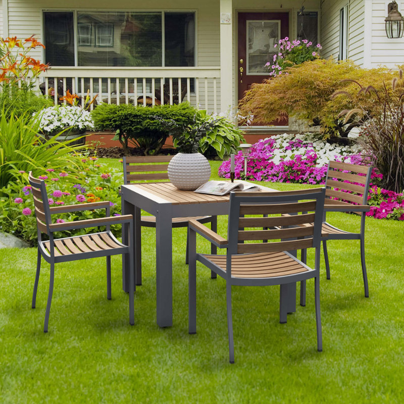 Seville 34" Gray Aluminum and Teak Outdoor Dining Table