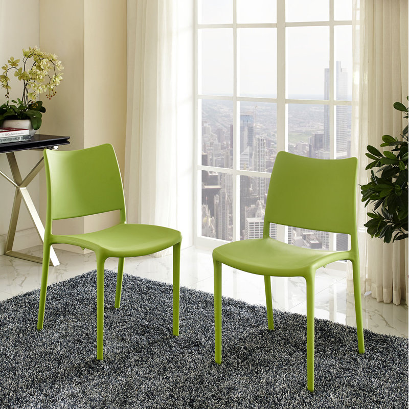 Modern Minimalist Stackable Green Plastic Side Chair Set of 2