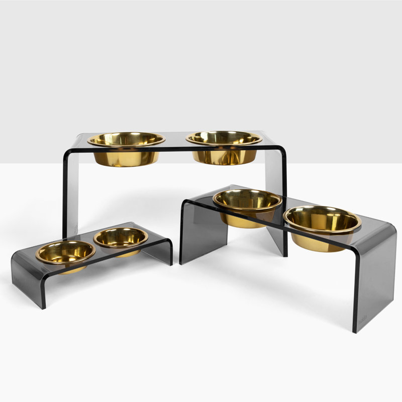 Small Smoke Grey Elevated Pet Feeder with Gold Bowls
