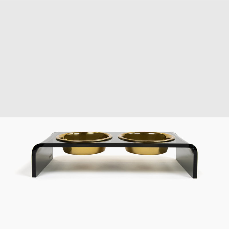 Small Smoke Grey Elevated Pet Feeder with Gold Bowls