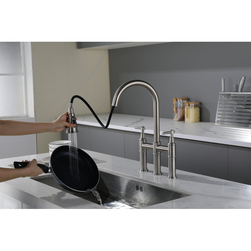 Brushed Nickel Bridge Kitchen Faucet with Pull-out Spray