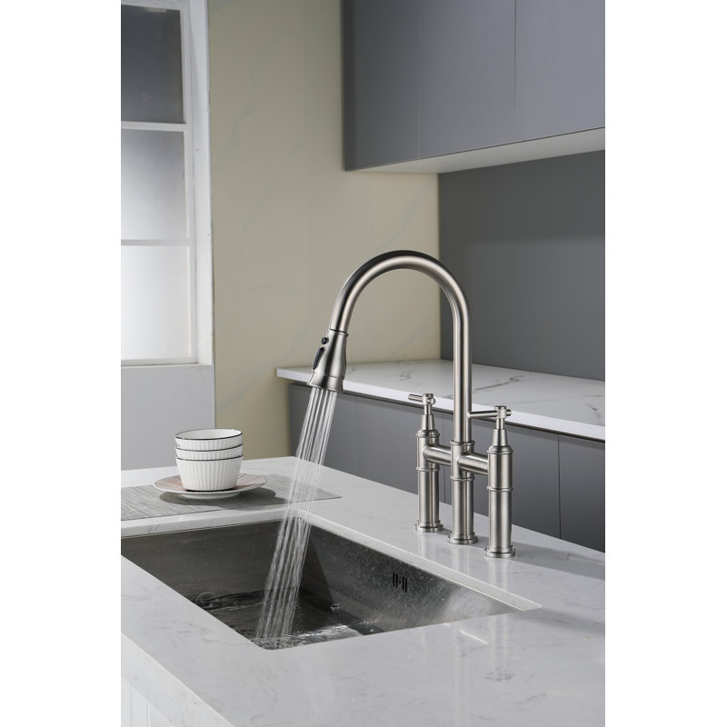 Brushed Nickel Bridge Kitchen Faucet with Pull-out Spray