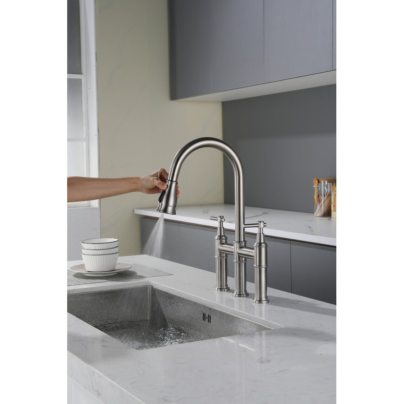 Brushed Nickel Bridge Kitchen Faucet with Pull-out Spray