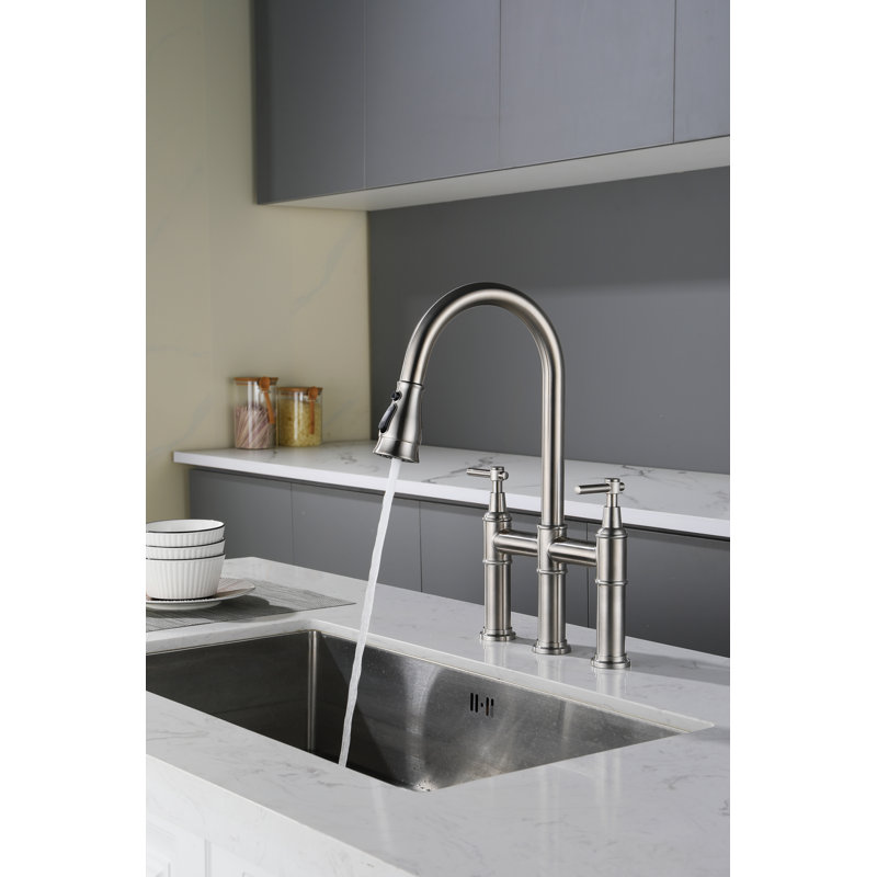 Brushed Nickel Bridge Kitchen Faucet with Pull-out Spray