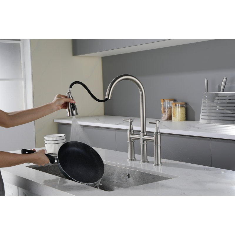 Brushed Nickel Bridge Kitchen Faucet with Pull-out Spray