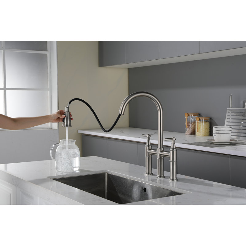 Brushed Nickel Bridge Kitchen Faucet with Pull-out Spray