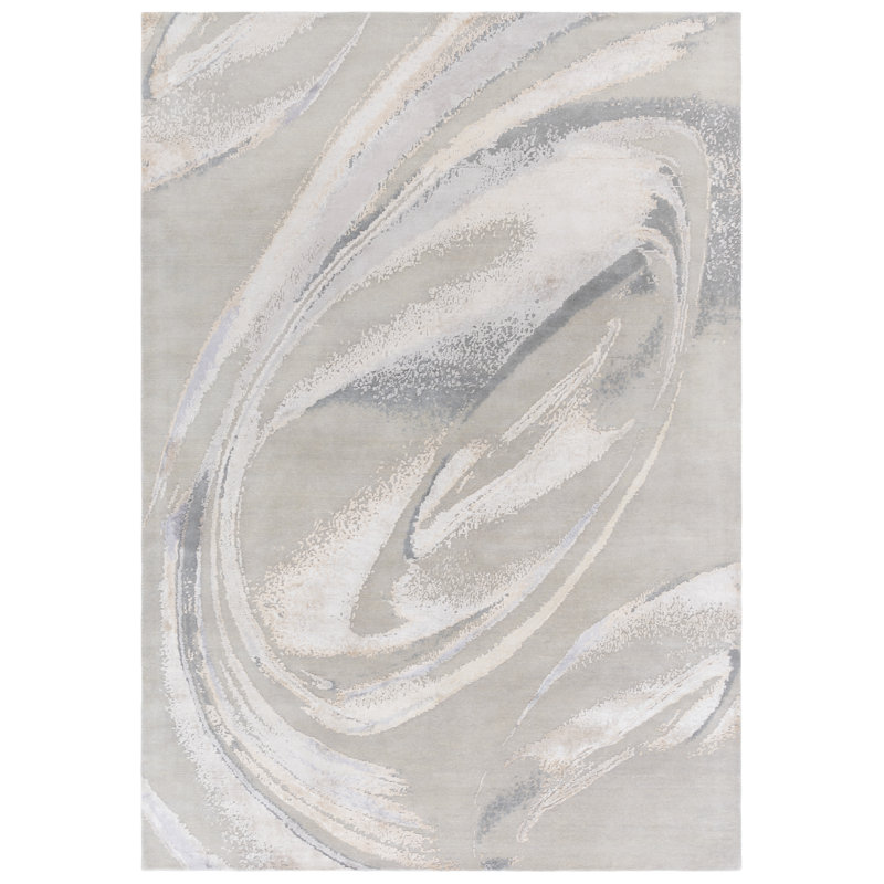 Gray Abstract Hand-Knotted Wool and Silk Rug 6' x 9'