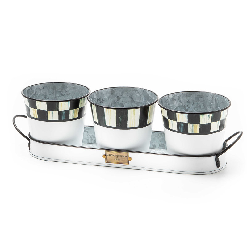 Spectator Black and White Galvanized Herb Pots with Tray, Set of 3