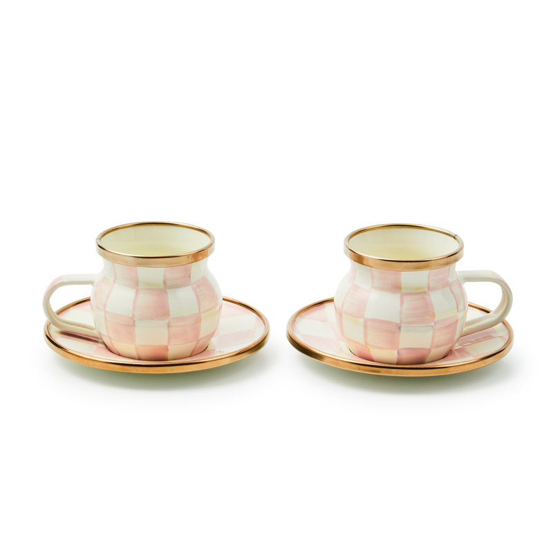 Handmade Pink and White Checkered Espresso Cup & Saucer Set