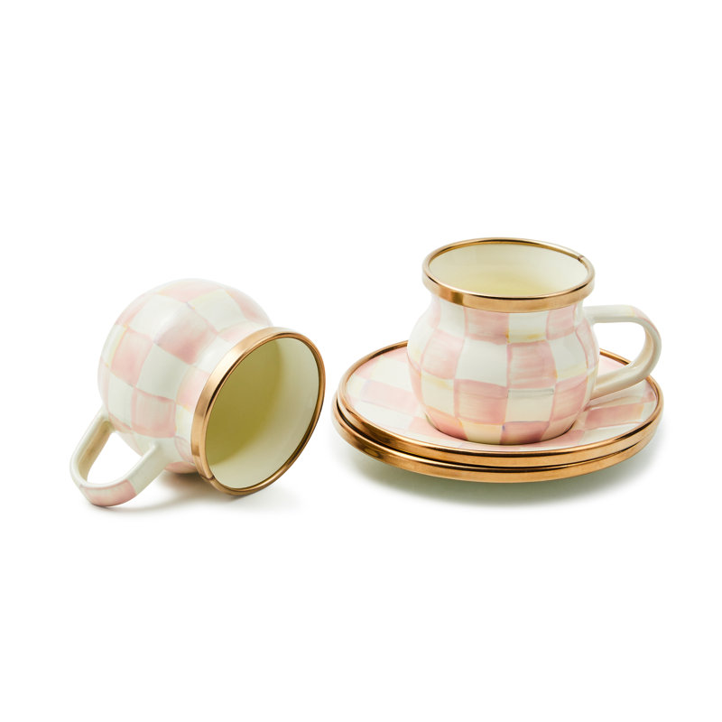 Handmade Pink and White Checkered Espresso Cup & Saucer Set
