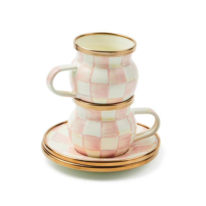 Handmade Pink and White Checkered Espresso Cup & Saucer Set