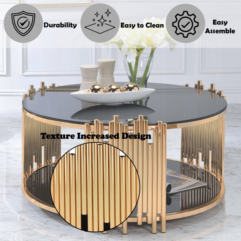 Tanquin Black Glass and Gold Round Coffee Table with Shelf