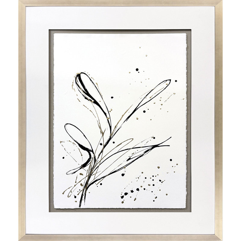 Vertical Black and Gold Abstract Floral Painting in Silver Frame