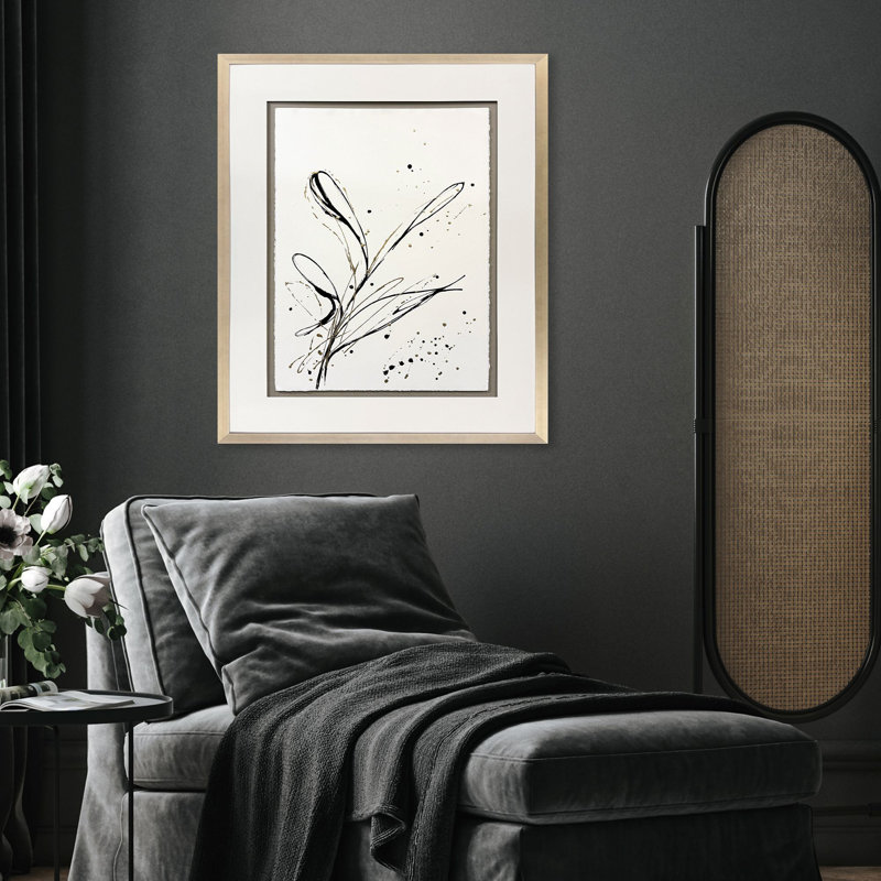 Vertical Black and Gold Abstract Floral Painting in Silver Frame