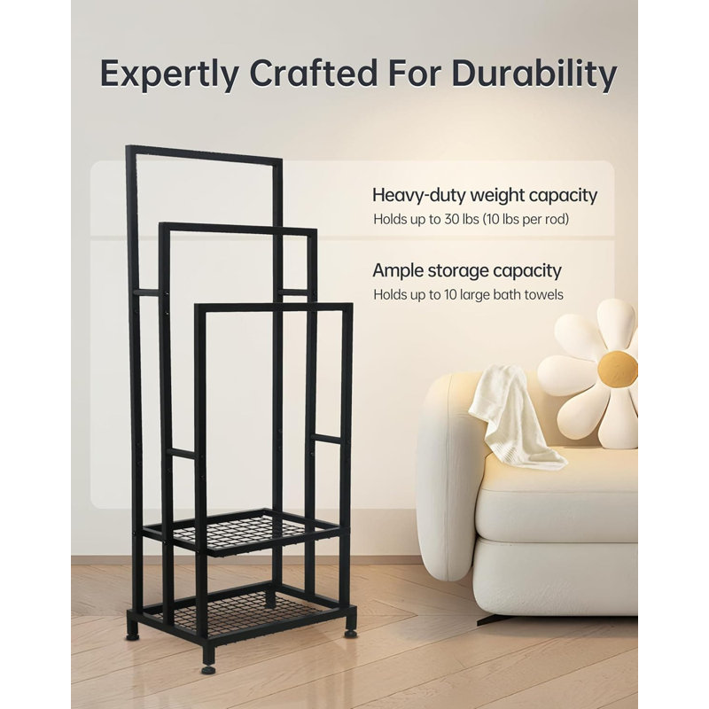 Black 41" H Free Standing Steel Towel Rack with Shelves