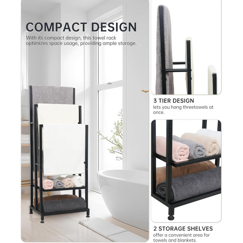 Black 41" H Free Standing Steel Towel Rack with Shelves