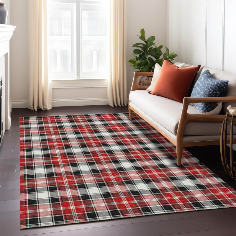 Black and Red Plaid Washable Synthetic Area Rug