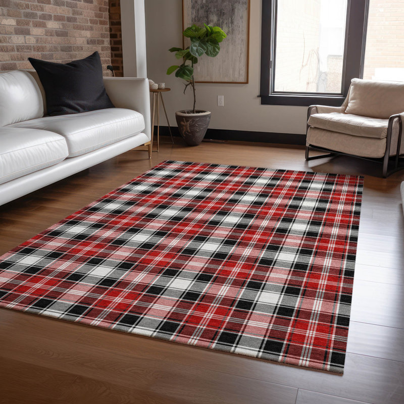 Black and Red Plaid Washable Synthetic Area Rug