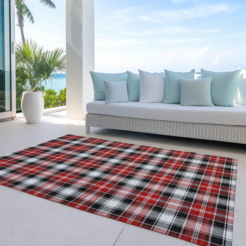 Black and Red Plaid Washable Synthetic Area Rug