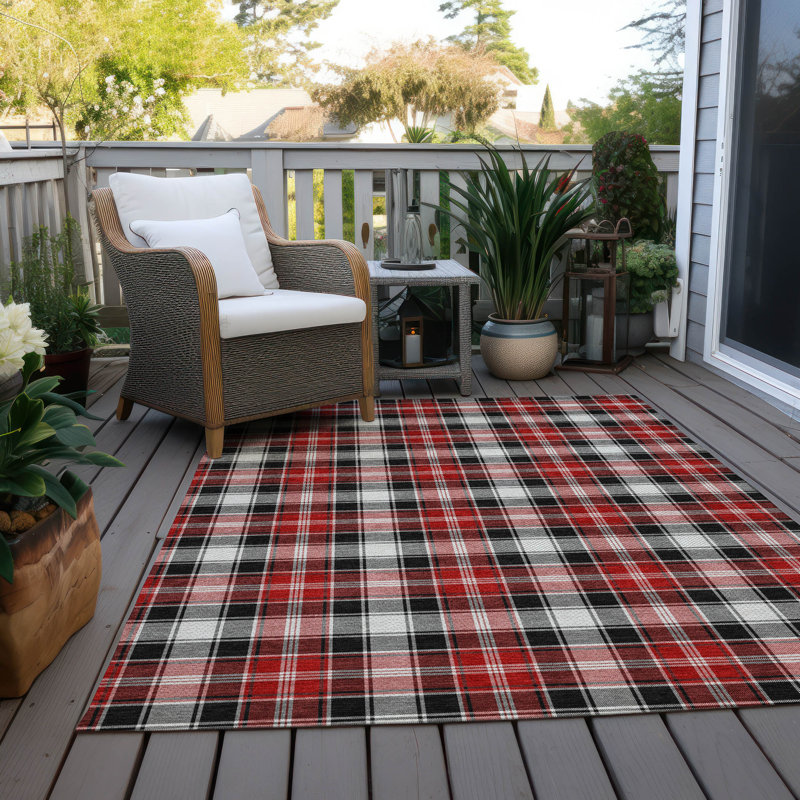 Black and Red Plaid Washable Synthetic Area Rug