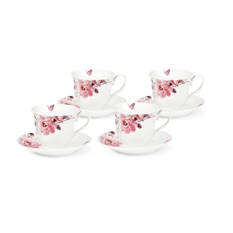 Blush Floral Porcelain Teacup and Saucer Set, 8-Piece