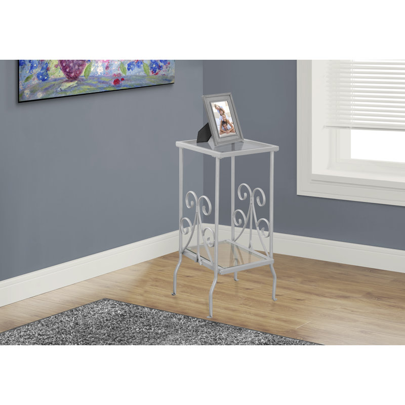 Gray Metal and Glass Scrollwork Accent Table