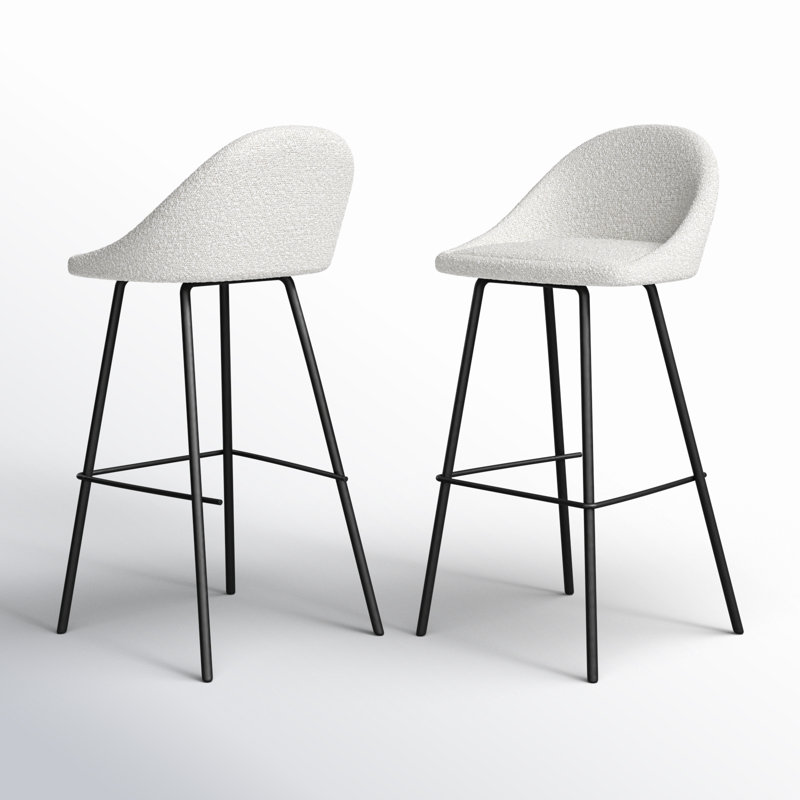 White Boucle Low Back Bar Stools with Iron Legs, Set of 2