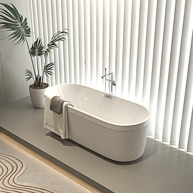 59" Gloss White Acrylic Freestanding Bathtub with Pleated Design