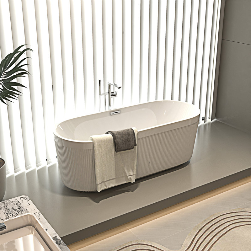59" Gloss White Acrylic Freestanding Bathtub with Pleated Design
