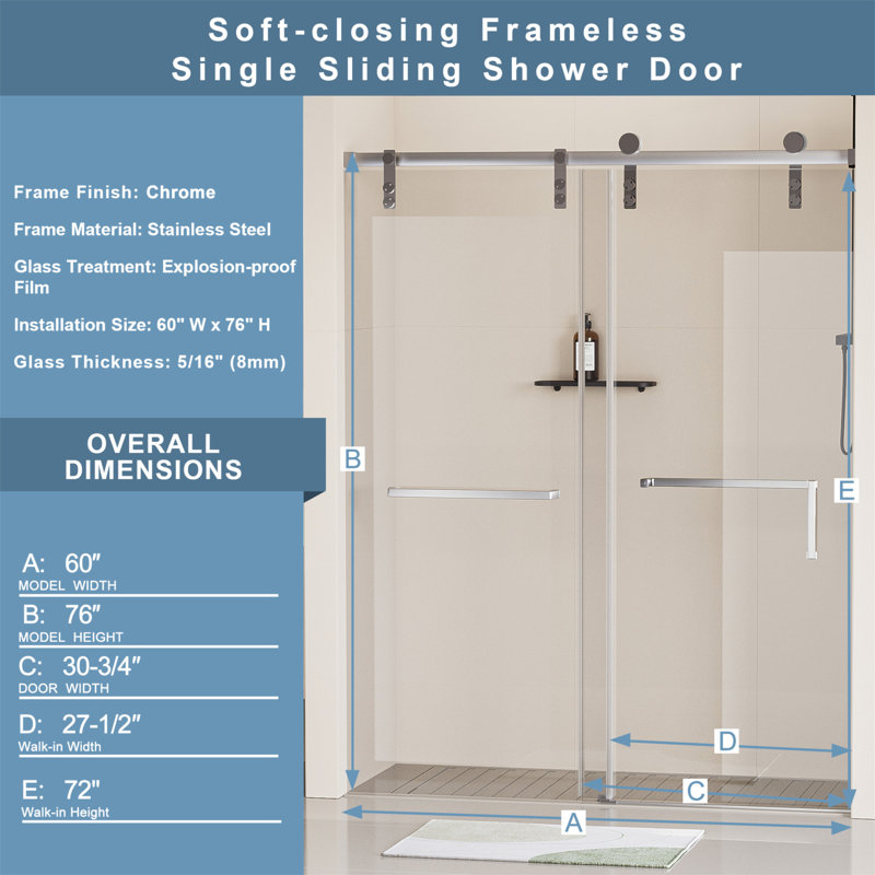 60" x 76" Frameless Matte Black Sliding Shower Door with Clear Tempered Glass