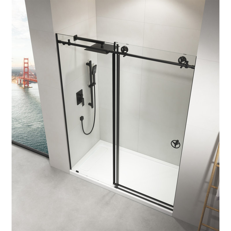 60-Inch Matte Black Frameless Sliding Shower Door with Clear Glass