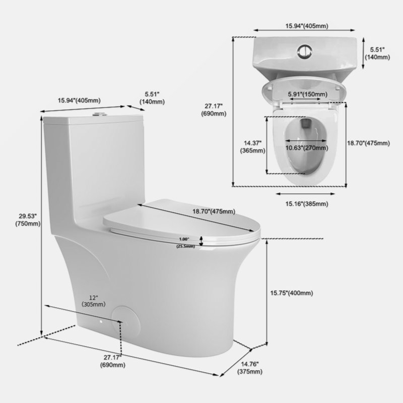 Glossy White Ceramic Elongated Dual Flush One-Piece Toilet